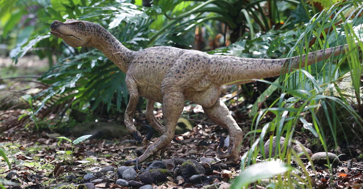 a small dinosaur in the middle of a jungle