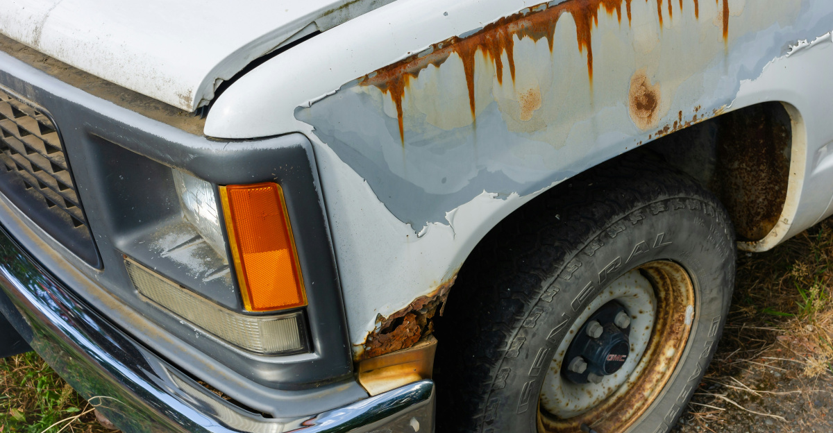 an old white truck with rust on it