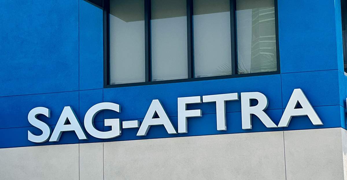 a blue and white building with the word sag - aftra on it