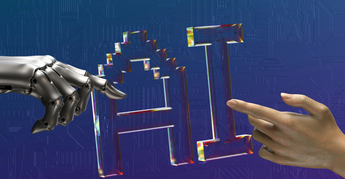 two hands touching each other in front of a blue background