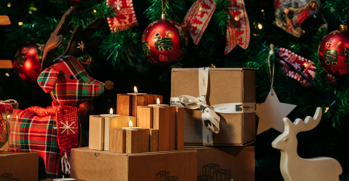 a christmas tree with presents under it