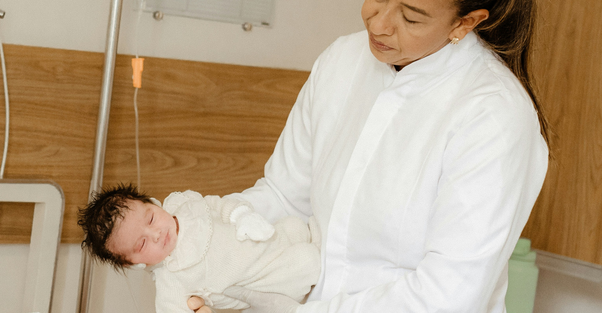 a woman holding a baby in a hospital bed