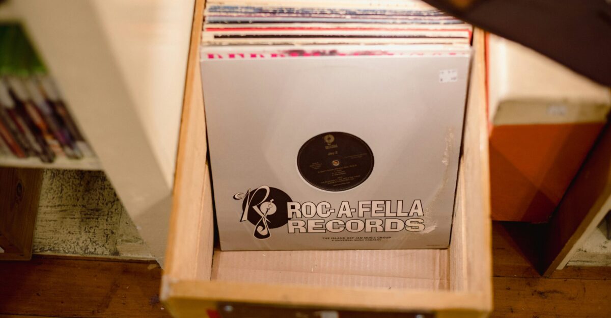 a box of records sitting on top of a table