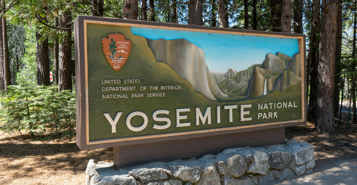 A sign for yosemite national park in the woods