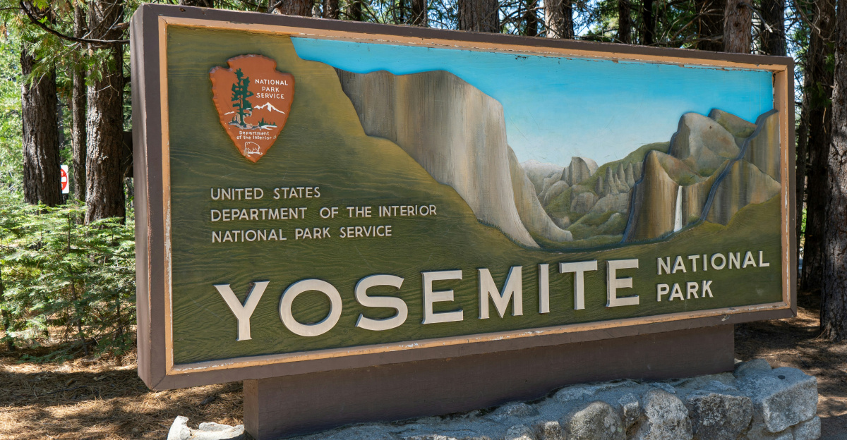 A sign for yosemite national park in the woods