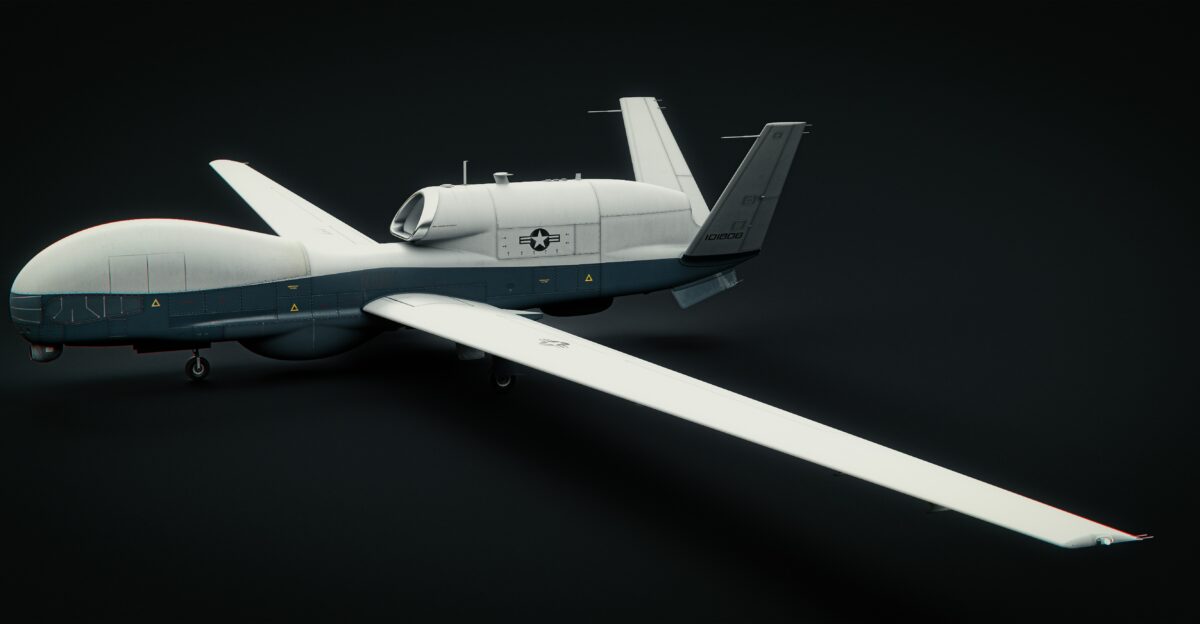 A white and blue model of a plane on a black background