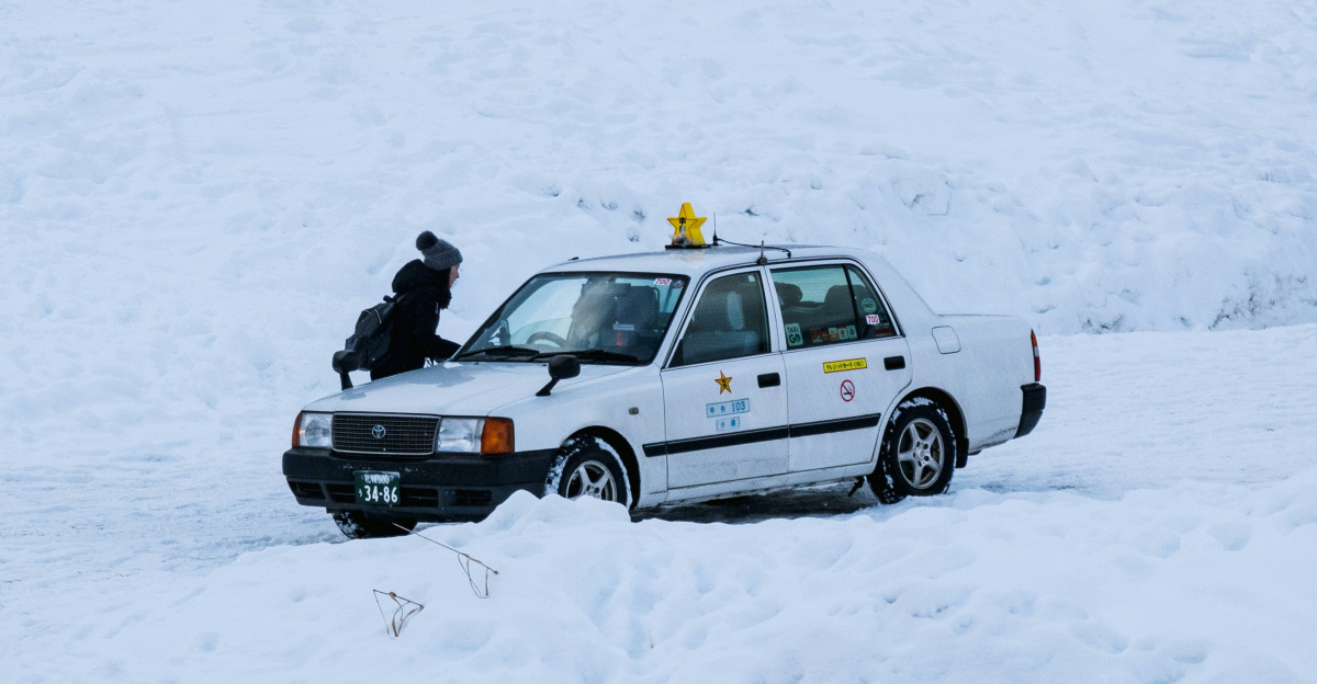 A police car is parked in the snow