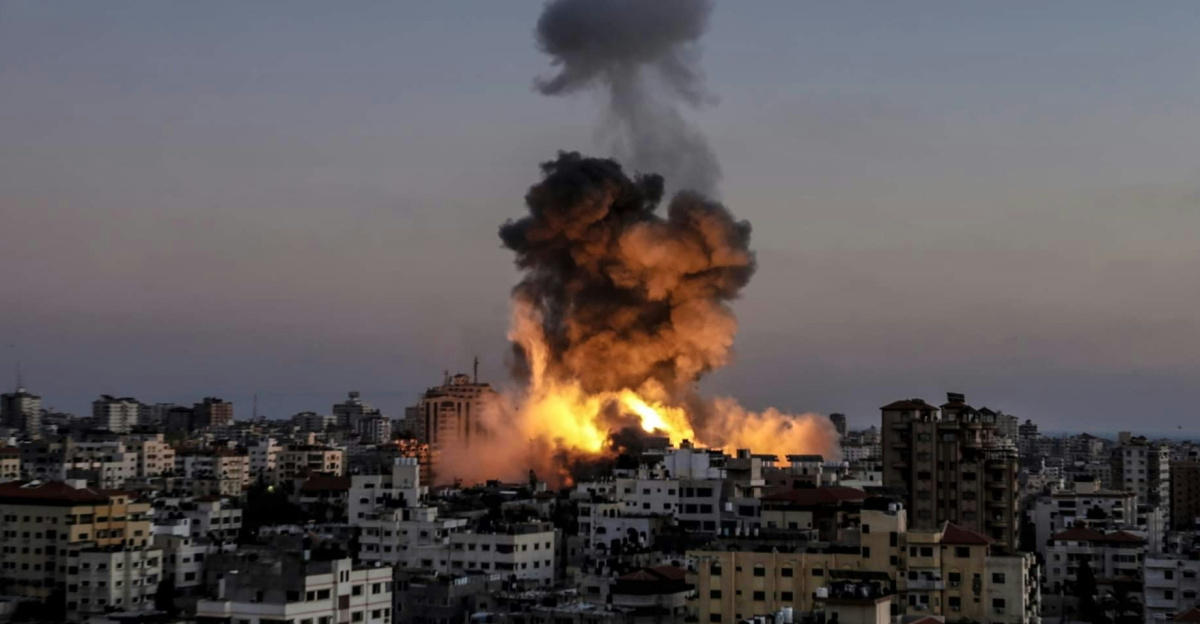 A large fire is burning in a city