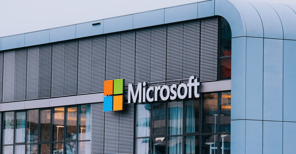 A tall building with a microsoft logo on it