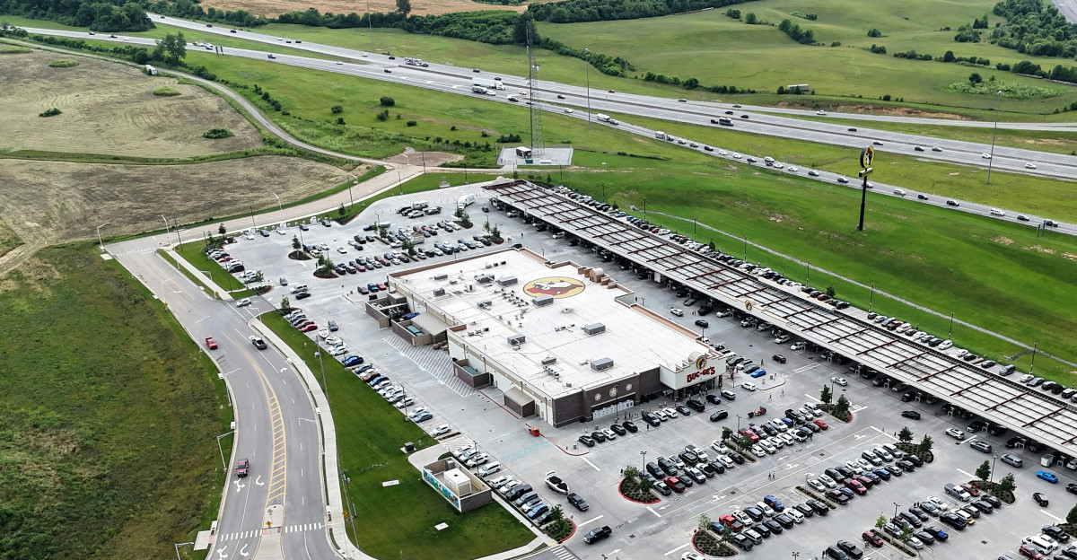 An aerial view of a large parking lot