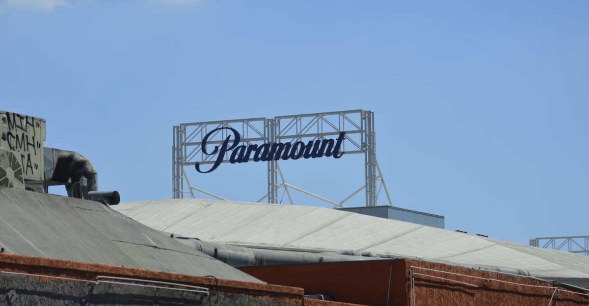 Paramount studios sign stands against the blue sky