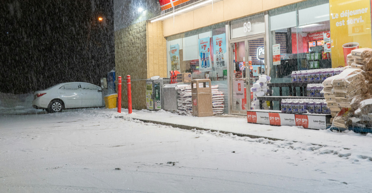 It's a couche-tard store in a snowstorm.