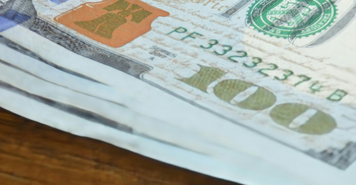 Here's a short caption: hundred dollar bills stacked on a table.