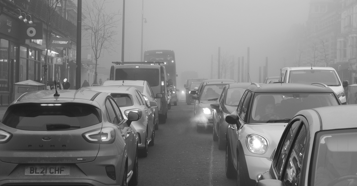 Cars stuck in traffic on a foggy street.