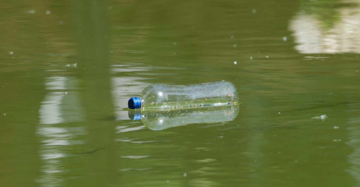 Plastic bottle floating on murky water