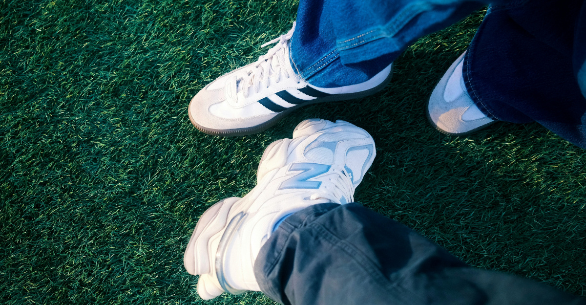 Two pairs of feet on artificial turf.