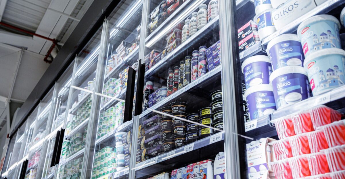 Shelves filled with various food products in a store