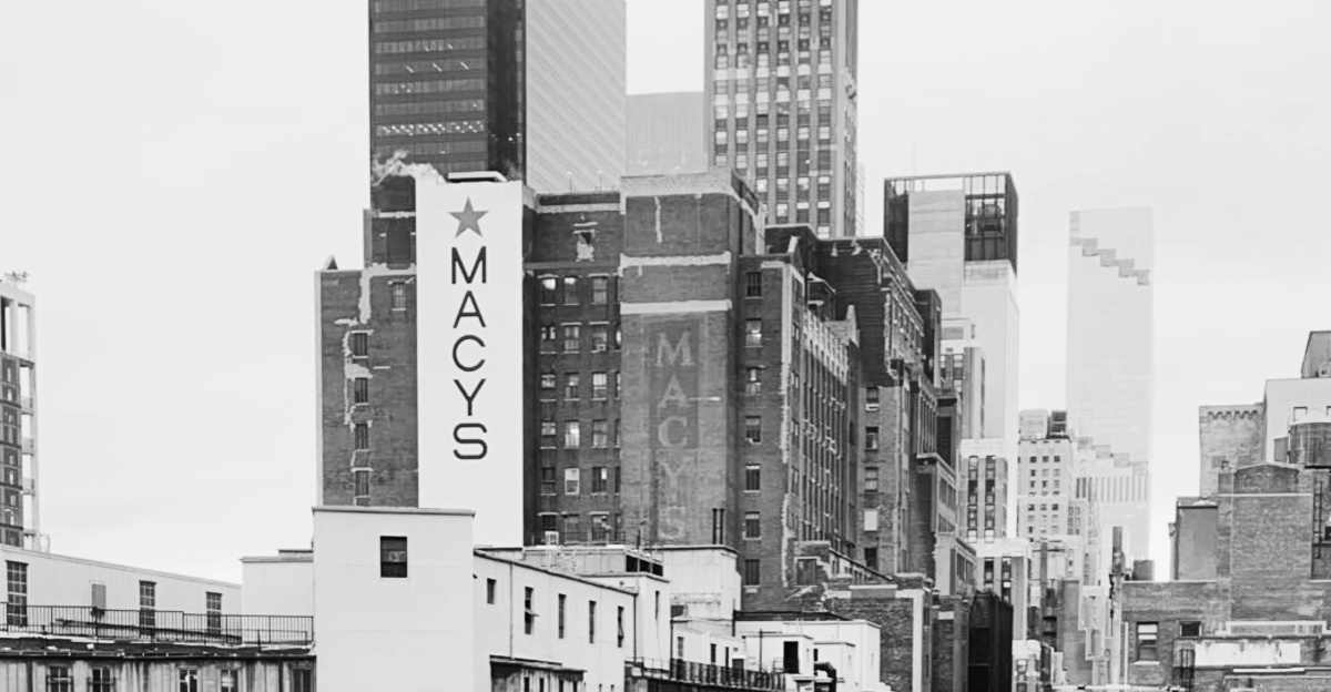 Monochromatic cityscape with macy's building prominent building.