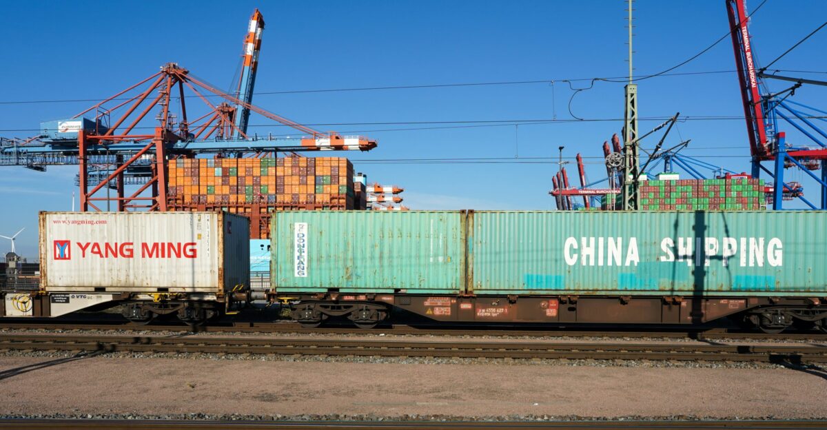 Shipping containers on a train at a port