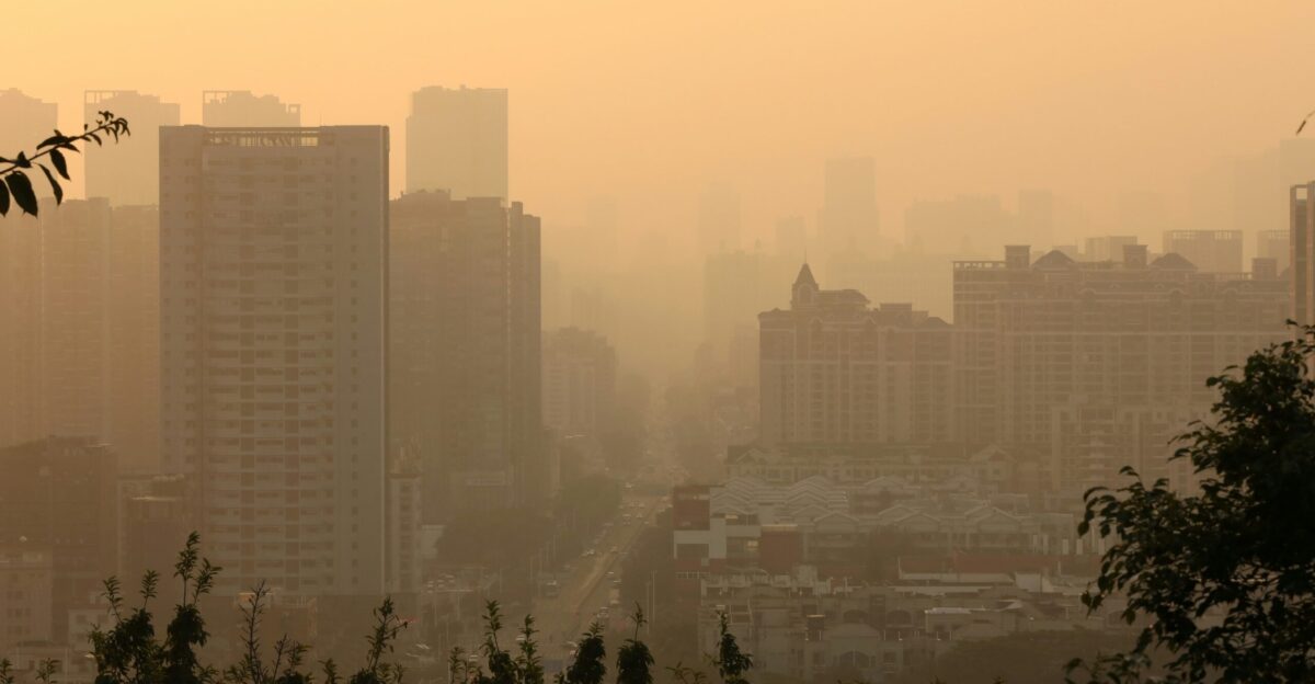 City skyline shrouded in hazy warm light