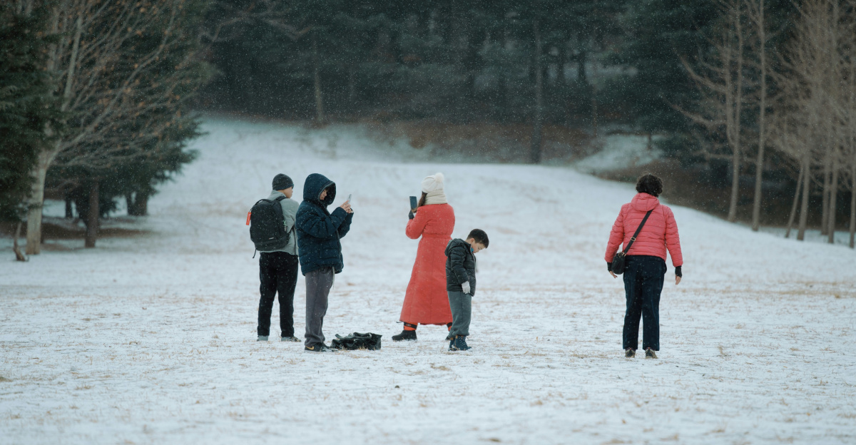 People in a snowy park with trees