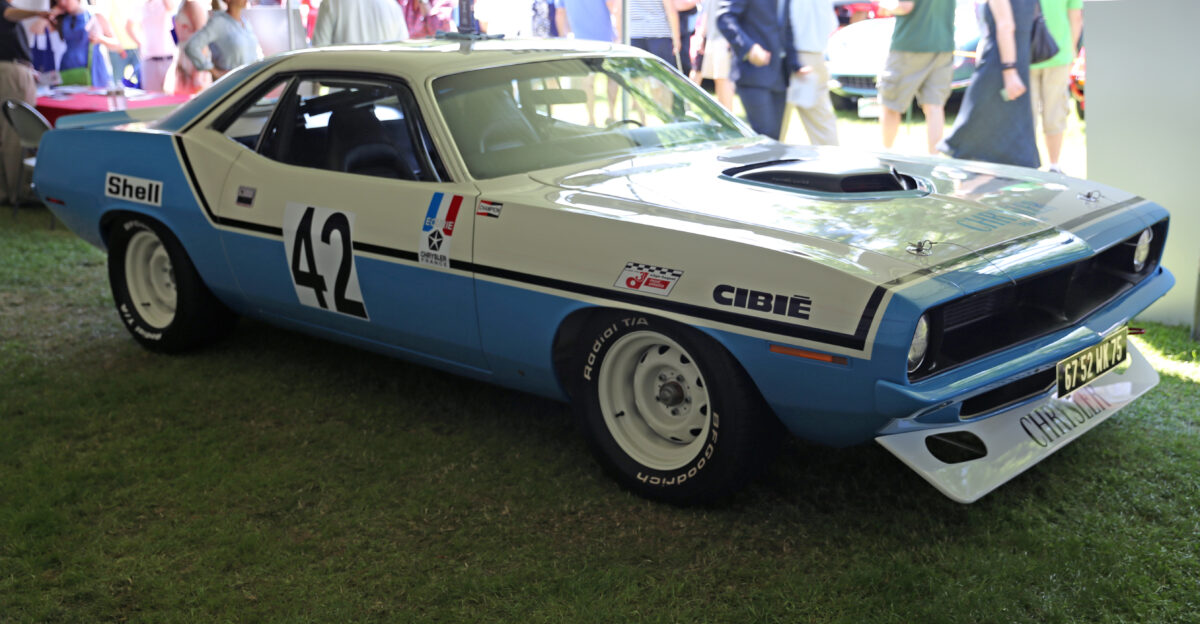 Plymouth Hemi Cuda at the 2013 Greenwich Concours d Elegance This was raced until 1975 in France originally by Ecurie Chrysler France as a works car and is the most decorated Cuda ever