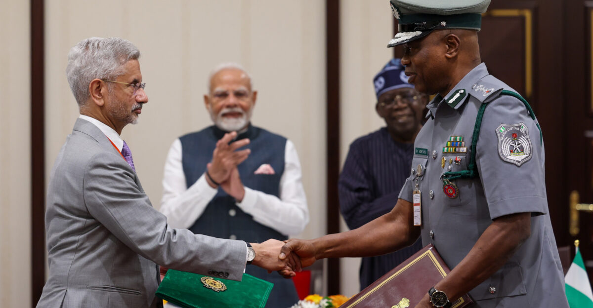 PM and the President of Nigeria Mr Bola Ahmed Tinubu witnessing the Exchange of MoUs between India and Nigeria at Abuja in Nigeria on November 17 2024