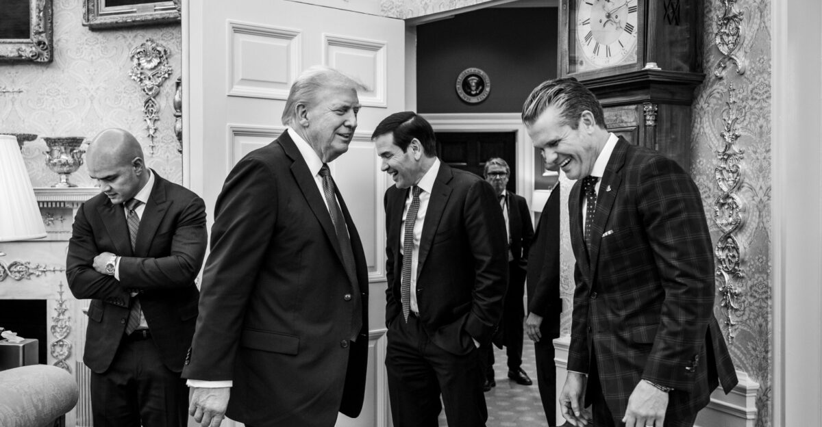 President Donald Trump poses for a portrait with Secretary of State Marco Rubio and Secretary of War Pete Hegseth in the Oval Office Wednesday October 22 2025 Official White House Photo by Molly Riley
