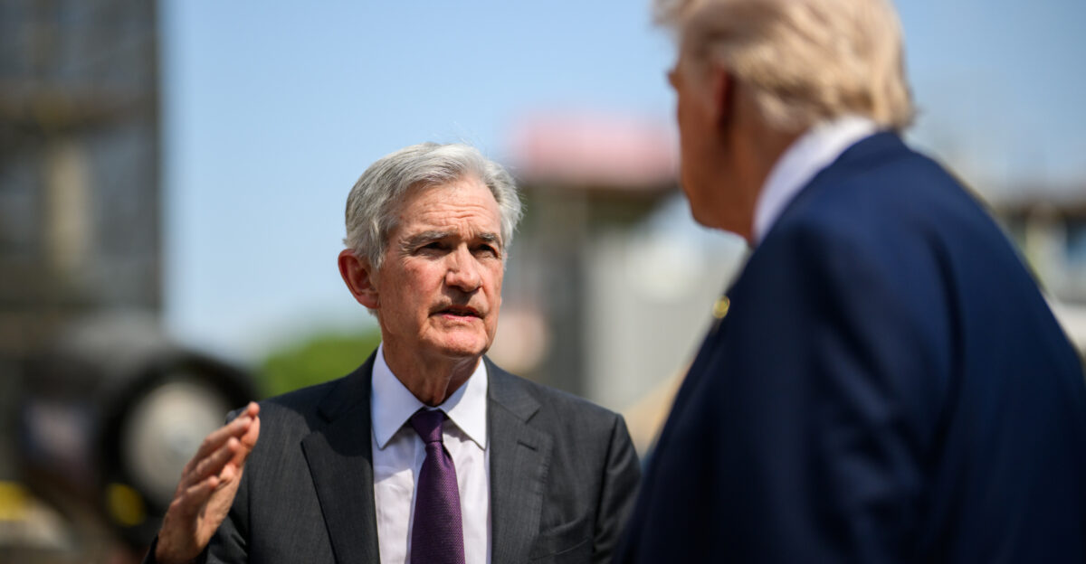 President Donald Trump speaks to Fed Chair Jerome Powell during a tour of the Federal Reserve in Washington D C Thursday July 24 2025 Official White House Photo by Daniel Torok
