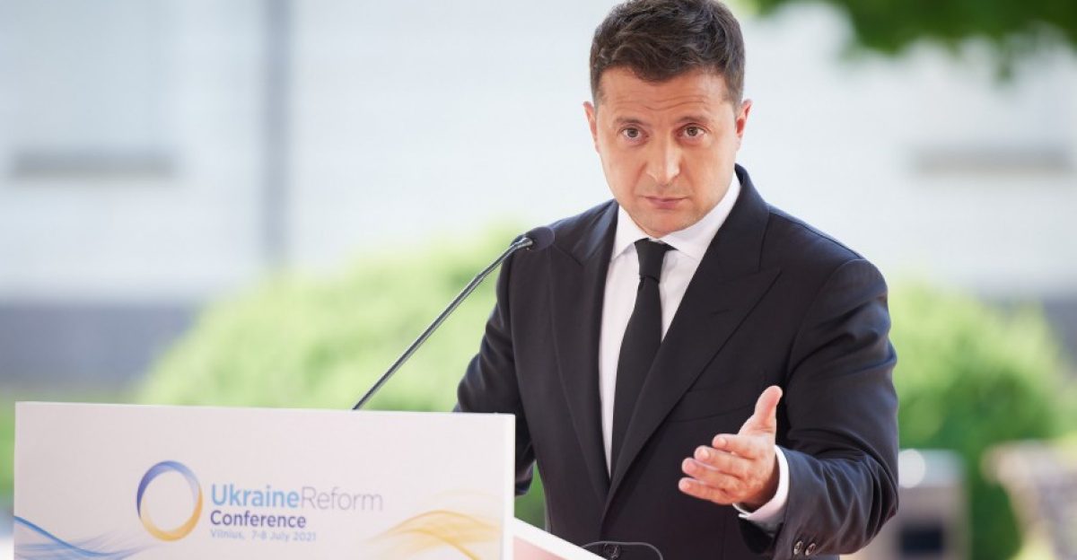 President of Ukraine Volodymyr Zelenskyy speaks at the fourth Ukraine Reform Conference in Vilnius, Lithuania, 6 July 2021