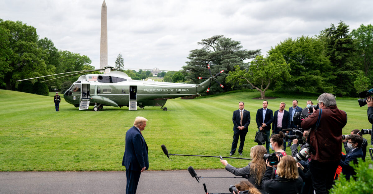 President Donald J Trump talks with reporters outside the South Portico of the White House after disembarking Marine One Sunday May 17 2020 on his return from his working weekend at Camp David near Thurmont Md Official White House Photo by Tia Dufour