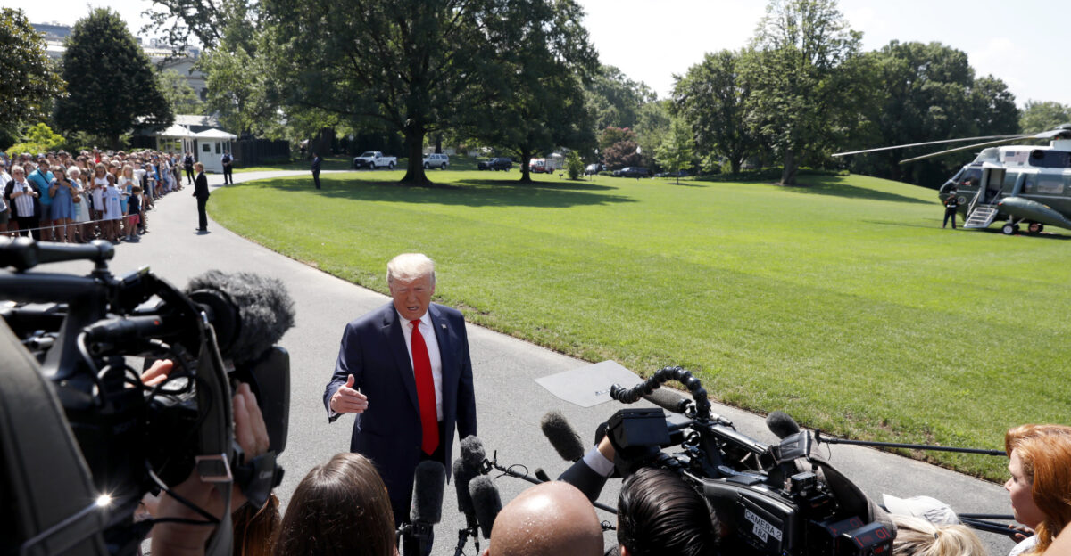 President Donald J Trump talks to reporters outside the South Portico entrance of the White House Friday July 5 2019 prior to boarding Marine One to begin a weekend trip to Bedminster N J Official White House Photo by Joyce N Boghosian