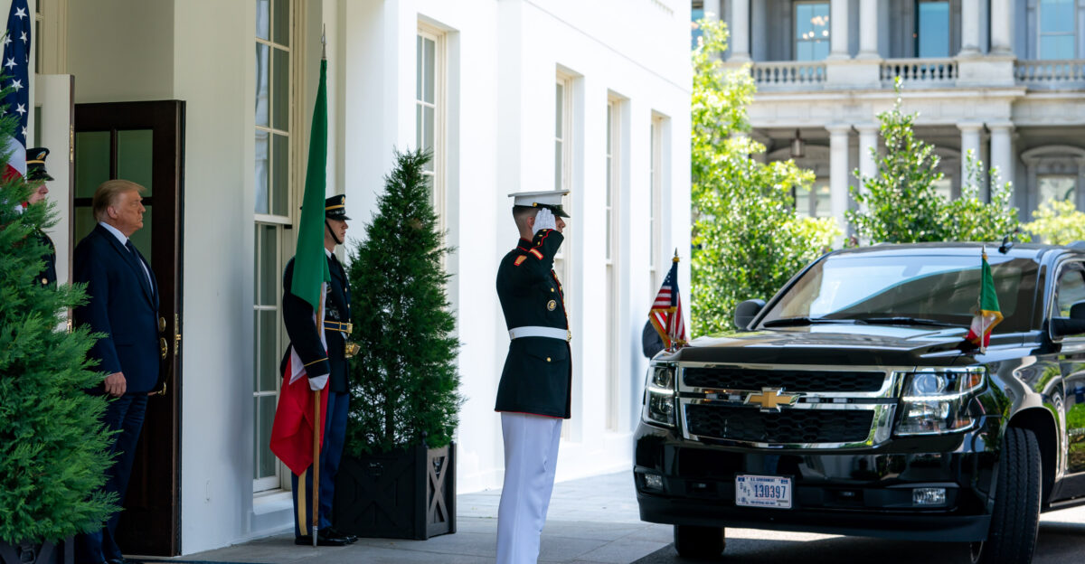 President Donald J Trump welcomes the President of the United Mexican States Andres Manuel Lopez Obrador Wednesday July 8 2020 to the West Wing Lobby entrance of the White House Official White House Photo by Tia Dufour