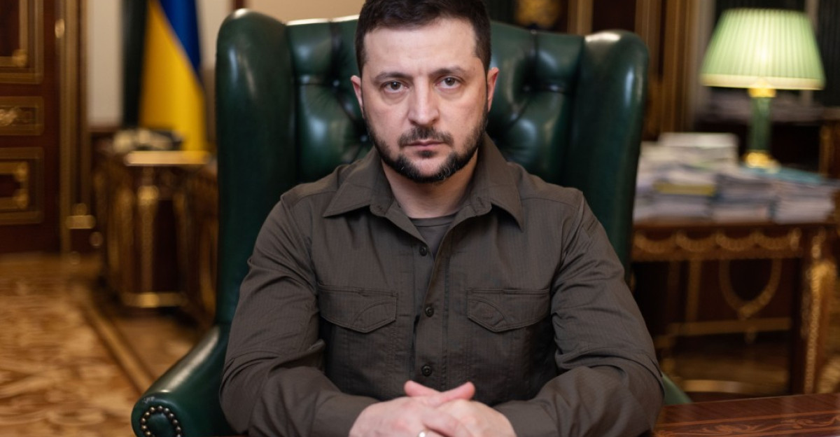 President Volodymyr Zelenskyy addresses the nation in Kyiv Ukraine following the Bucha Massacre during the Russo-Ukrainian War