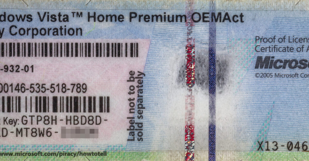 Proof of License Certificate of Authenticity for Windows Vista Home Premium OEM for Sony Corporation The last five characters of the software key are pixelated