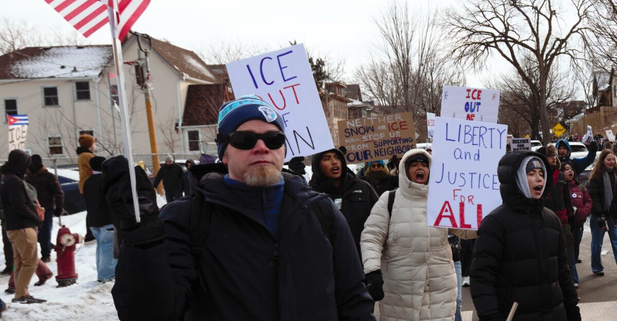 Minneapolis Minnesota January 10 2026 Thousands of people protested against ICE in Powderhorn Park marched down Lake Street and stopped at the spot where ICE killed Renee Good on January 7 2026 The event was organizned with the stated goals of holding Mpls city leaders accountable to protect immigrants ICE is the U S Immigration and Customs Enforcement which has been conducting ICE Enforcement and Removal Operations in the Twin Cities area wearing masks as they take people away in unmarked vehicles This even was organized by MIRAC Minnesota Immigrant Rights Action Committee 2026-01-10 This is licensed under the Creative Commons 4 0 Attribution License Give attribution to Fibonacci Blue