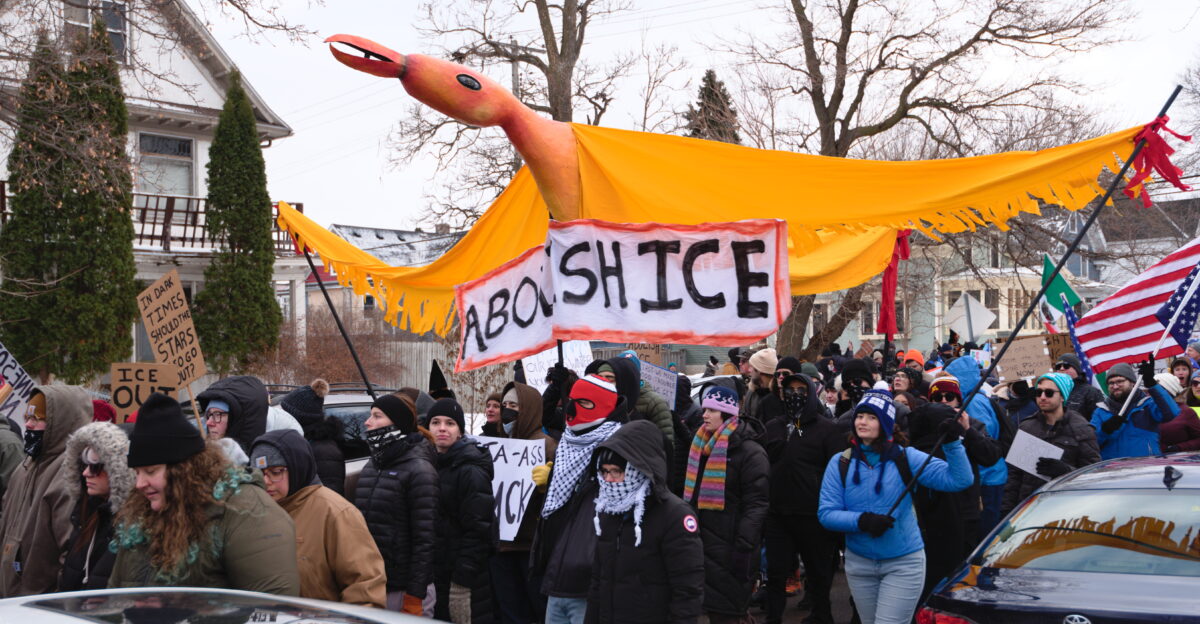Minneapolis Minnesota January 10 2026 Thousands of people protested against ICE in Powderhorn Park marched down Lake Street and stopped at the spot where ICE killed Renee Good on January 7 2026 The event was organizned with the stated goals of holding Mpls city leaders accountable to protect immigrants ICE is the U S Immigration and Customs Enforcement which has been conducting ICE Enforcement and Removal Operations in the Twin Cities area wearing masks as they take people away in unmarked vehicles This even was organized by MIRAC Minnesota Immigrant Rights Action Committee 2026-01-10 This is licensed under the Creative Commons 4 0 Attribution License Give attribution to Fibonacci Blue