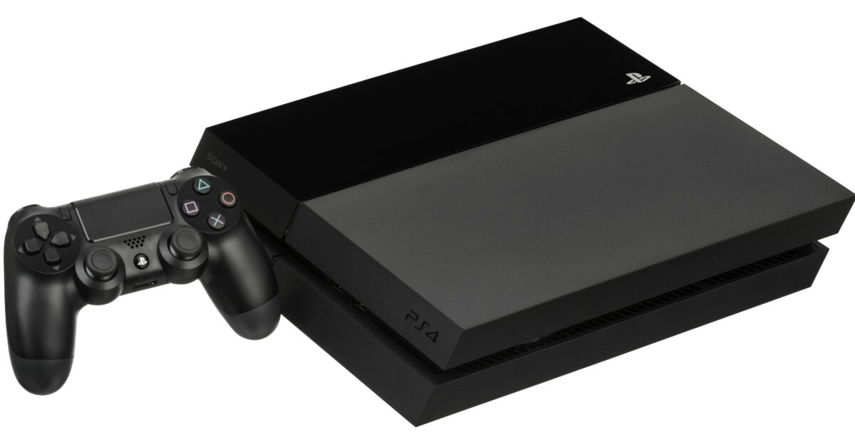 The PlayStation 4 PS4 gaming console made by Sony Released on 11-15-2013 in North America it is an eighth generation system and competes with the Microsoft Xbox One and the Nintendo Wii U This console is shown with the DualShock 4 controller that is included with the system