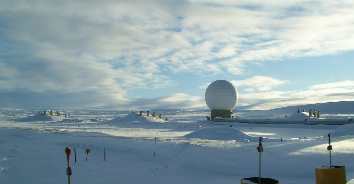 This white golf ball like structure houses one of several radars that scan the skies for foreign military rockets and missiles at Thule Air Base Greenland