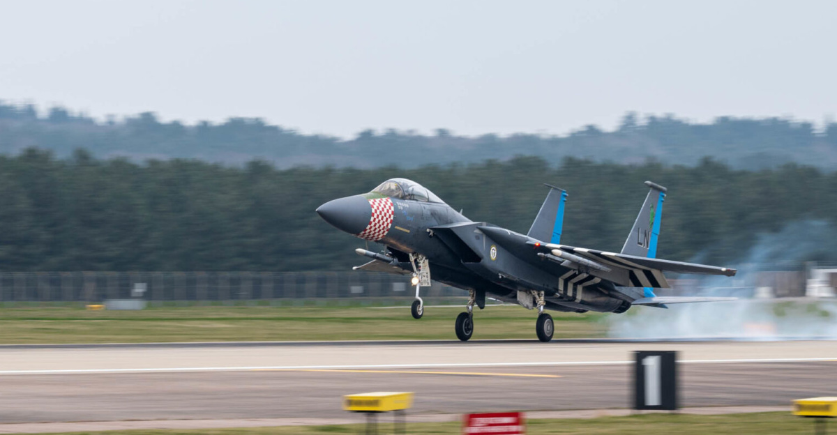 An F-15C Eagle assigned to the 493rd Fighter Squadron lands on the flightline during surge operations at Royal Air Force Lakenheath, England, March 24, 2021. The 48th Fighter Wing maintains combat readiness through daily training, ensuring the ability to provide superior airpower capabilities in support of United States interests and those of their allies and partners. (U.S. Air Force photo by Senior Airman Koby I. Saunders)