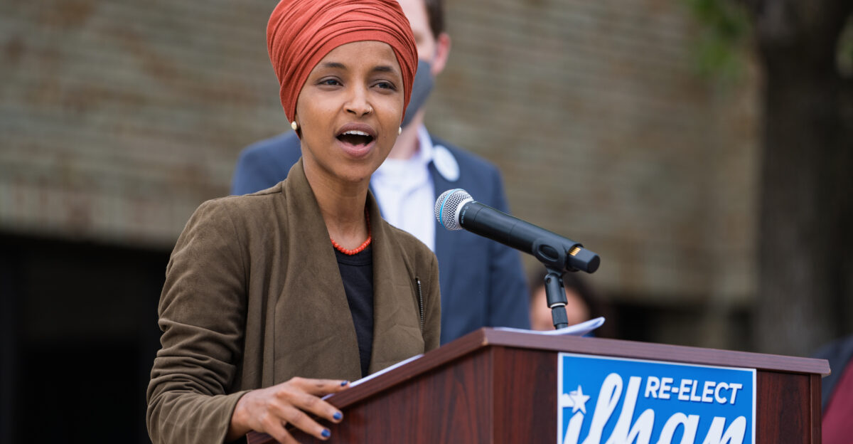 Rep Ilhan Omar speaks at a press conference outside the Minnesota DFL Party s St Paul Minn headquarters on August 5 2020 in the final days before the primary election in Minnesota s 5th Congressional District
