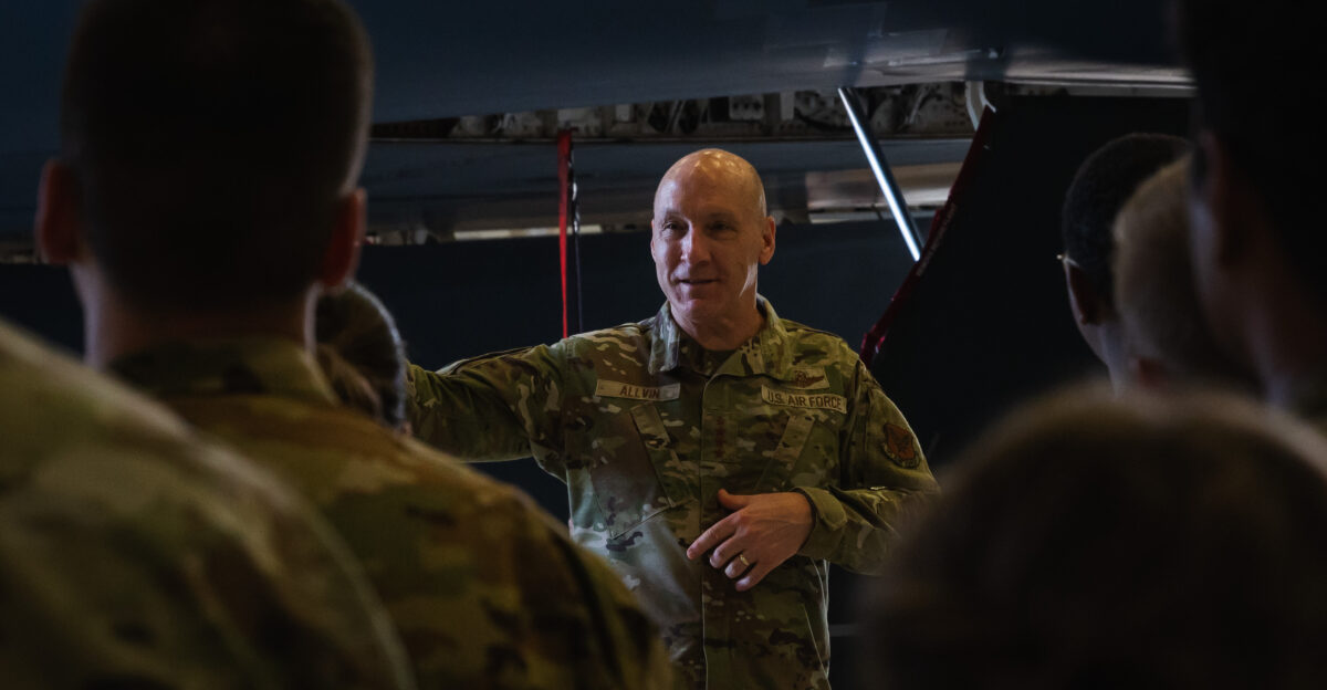 U S Air Force Chief of Staff Gen David Allvin speaks with Airmen at Whiteman Air Force Base Missouri July 10 2025 As CSAF Allvin serves as the senior uniformed Air Force officer responsible for the organization training and equipping of active-duty Guard Reserve and civilian forces serving in the United States and overseas U S Air Force photo by Senior Airman Joseph Garcia