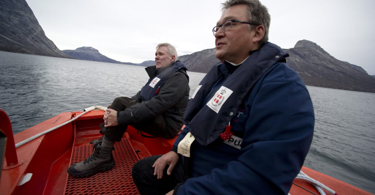 Secretary of the Navy Ray Mabus right Prime Minister of Greenland Jakob Edvard Kuupik Kleist speak aboard a search and rescue patrol boat off the coast of Nuuk Greenland Mabus concluded a day-two day trip to Greenland meeting with leaders and scientists to discuss the importance of regional security and the environmental impacts of climate change