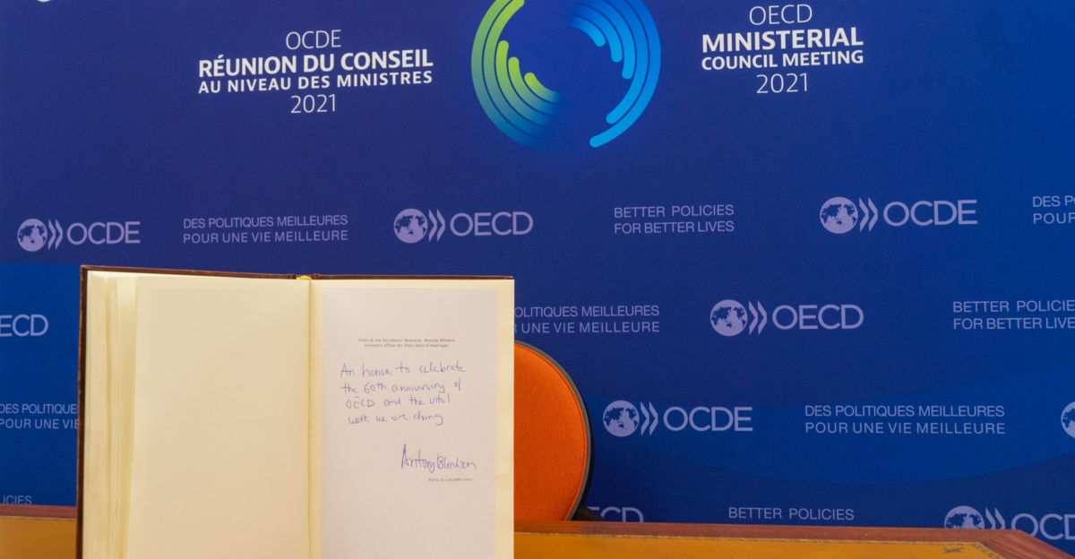 Secretary of State Antony J Blinken signed a guest book the Organization for Economic Cooperation and Development Ministerial Council Meeting in Paris France on October 5 2021 State Department Photo