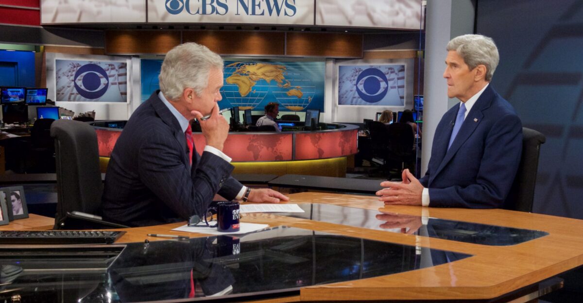 U S Secretary of State John Kerry speaks with CBS Evening News Anchor Scott Pelley before an interview at the CBS Broadcast Center in New York N Y on August 11 2015 focused on the Iranian nuclear deal negotiated by the United States Iran the European Union and the P5 1 nations State Department photo Public Domain