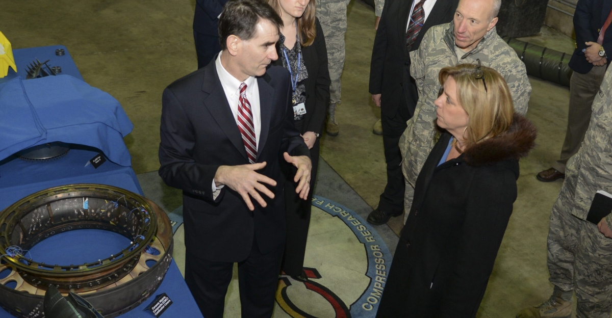 Secretary of the Air Force Deborah Lee James, is briefed by Matt Meininger, Air Force Research Lab Turbine Engine Division adaptive engine program manager, about some of the latest advancements in turbine engines and the Air Force Prize program, at Wright-Patterson Air Force Base, Ohio, March 26, 2015.(U.S. Air Force photo by Wesley Farnsworth/Released)
<dl><dd>Unit: 88th Air Base Wing</dd>
<dd>DVIDS Tags: SECAF; AFRL; Wright-Patterson Air Force Base; WPAFB; AFIT; Deborah Lee James</dd></dl>