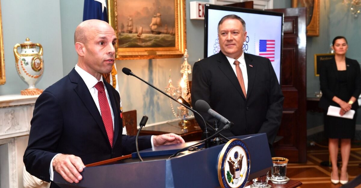 U S Secretary of State Michael R Pompeo listens as Mike Spanos PepsiCo CEO Asia Middle East and North Africa delivers remarks at a reception supporting the U S Pavilion at Expo 2020 at the U S Department of State in Washington D C on July 29 2019 State Department photo by Michael Grossman Public Domain