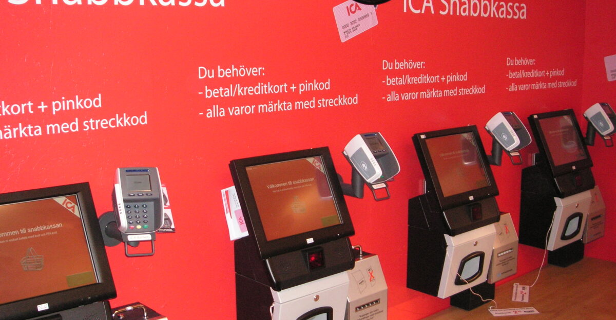 Self checkout station at an Ica Supermarket store