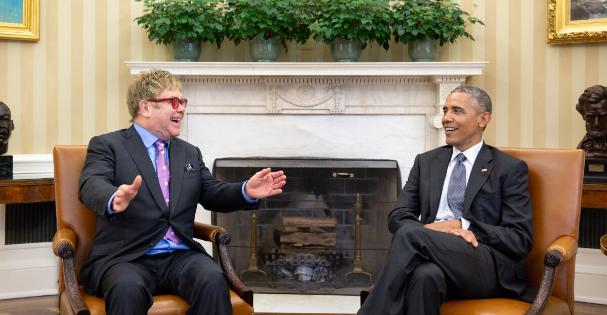 President Barack Obama meets with Elton John and his spouse David Furnish during a drop-by in the Oval Office May 6 2015 Senior Advisor Valerie Jarrett and Gayle Smith Special Assistant and Senior Director for Development and Democracy were in attendence Official White House Photo by Pete Souza