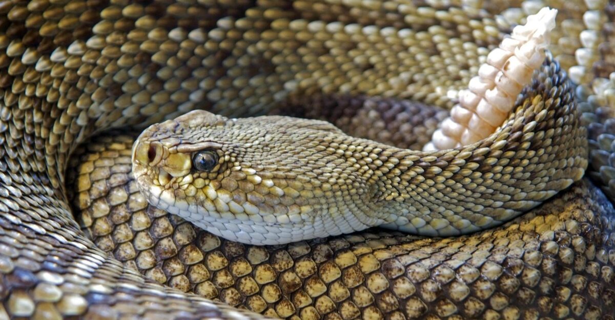 Detailed close-up of a venomous rattlesnake showing its intricate scale patterns and rattle
